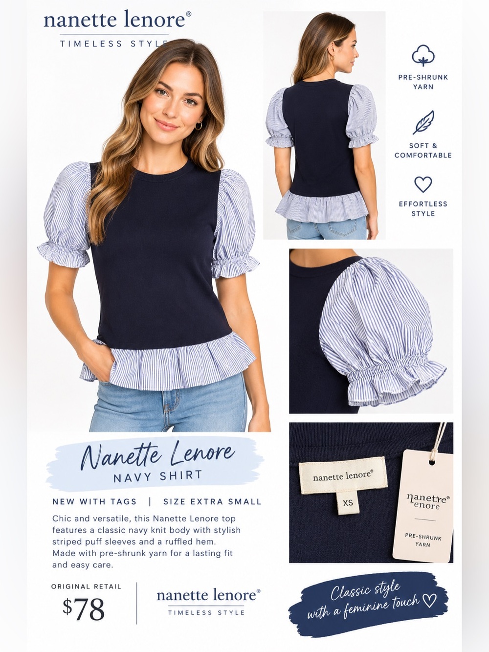 Nanette Lenore Navy Top XS Puff Sleeve Ruffle Hem Pre-Shrunk Yarn